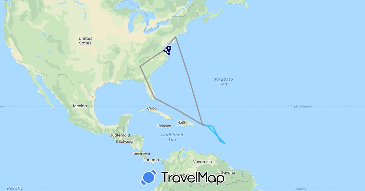TravelMap itinerary: driving, plane, boat in Barbados, Saint Kitts and Nevis, Saint Lucia, Netherlands, Puerto Rico, United States, U.S. Virgin Islands (Europe, North America)